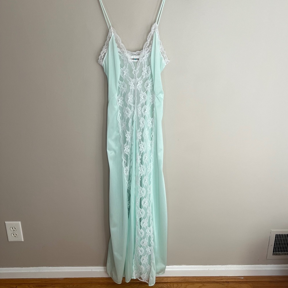 Vintage Mint Green Lace Long Nightgown Sleepwear Slip Dress Lingerie